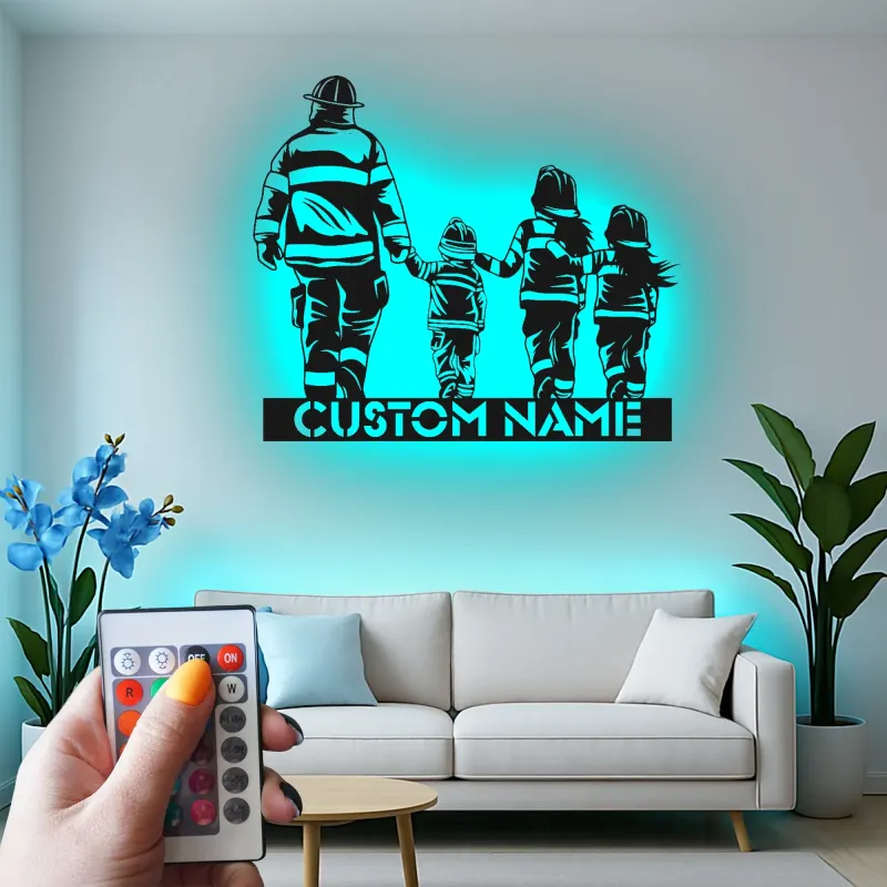 Insegna personalizzata per famiglia di vigili del fuoco | Arte murale LED in metallo | Regalo su misura per papà pompiere | Arredo per caserma