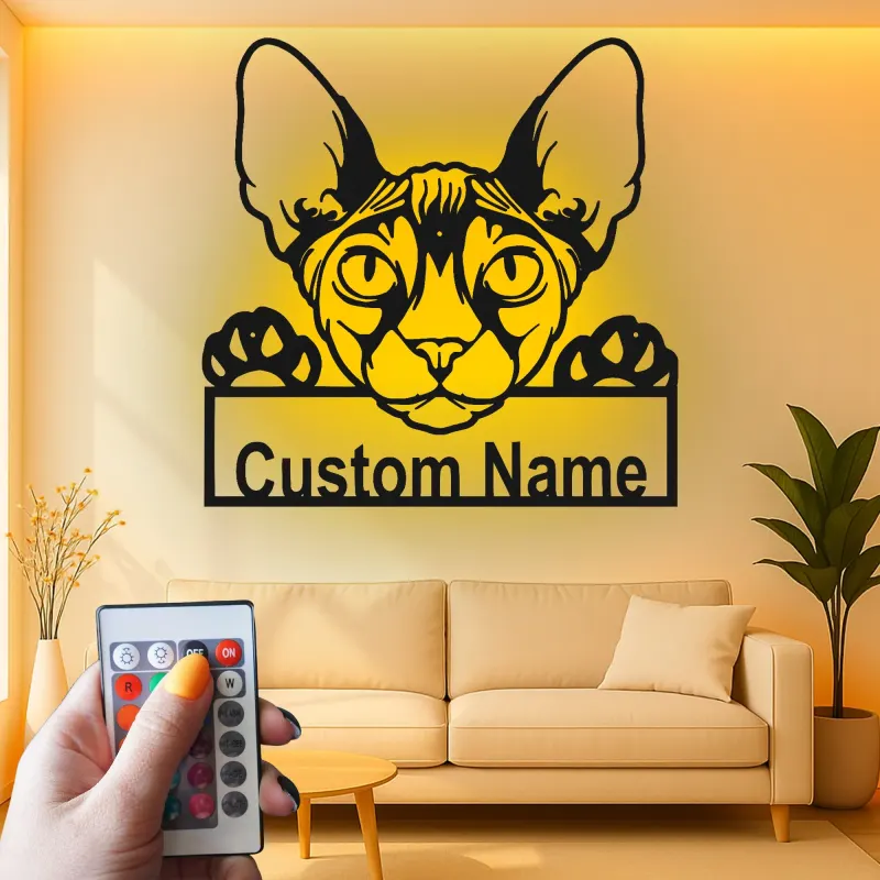 Panneau LED Métal Sphynx Personnalisé | Art Murale Silhouette de Chat de Compagnie Personnalisé | Décor Unique pour Amoureux des Chats