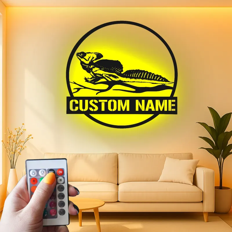 Insegna LED in metallo con lucertola dal collare | Arte murale personalizzata con nome per rettili | Decorazione con sagoma animale esotico per casa e attività