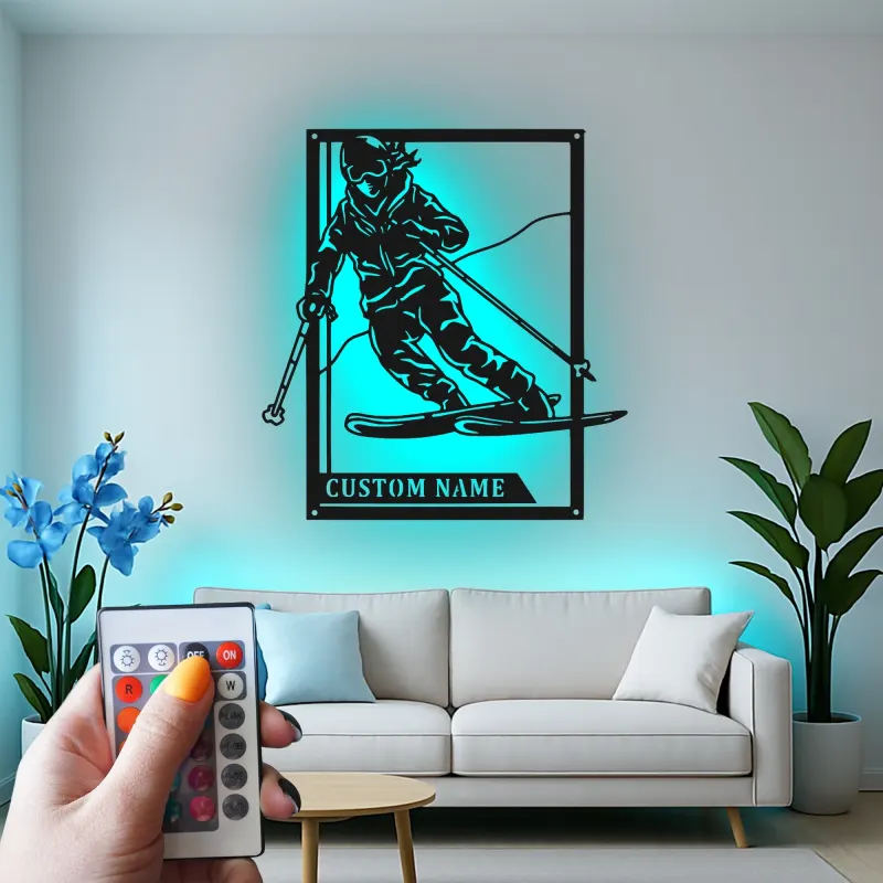 Custom Skier Led Light Metal Wall Art Personalized Skiing Gift for Winter Sports Enthusiasts Game Room Decor