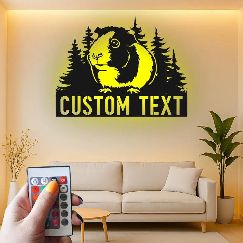 Insegna LED personalizzata con porcellino d’India | Arte murale in metallo personalizzata | Regalo per amanti degli animali per cameretta e nursery | Targa con nome dell’animale