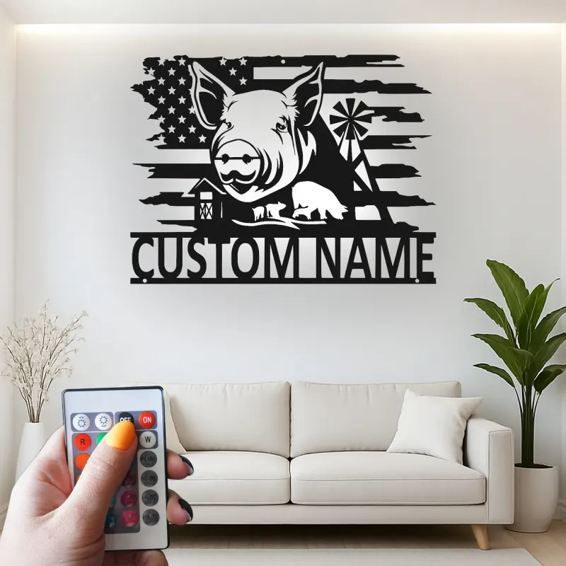 Panneau Métal Personnalisé Cochon & Drapeau | Art Mural de Ferme LED | Plaque de Nom Personnalisée pour Agriculteur | Décor Américain Rustique