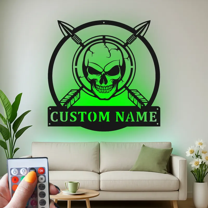 Panneau LED Crâne Chasseur Personnalisé | Décoration murale en métal pour chalet & homme cave | Cadeau chasseur avec flèches croisées