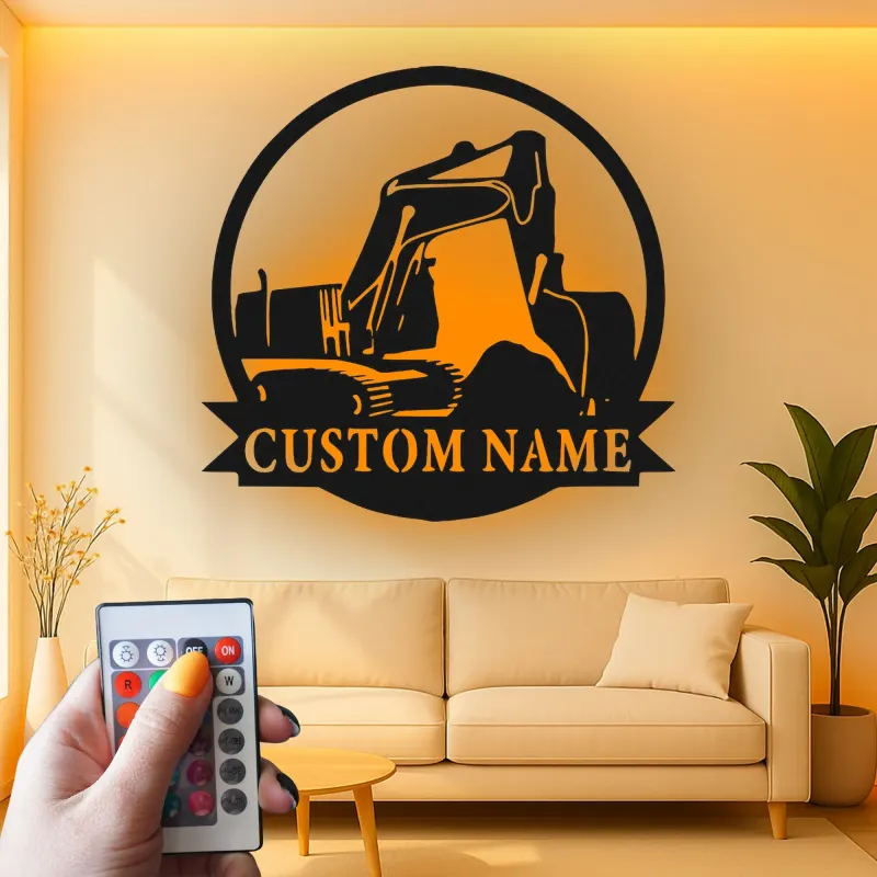 Décoration murale en métal personnalisée avec rétroéclairage pour excavateur - Cadeau de construction pour lui - Décor de garage ou d'atelier 1