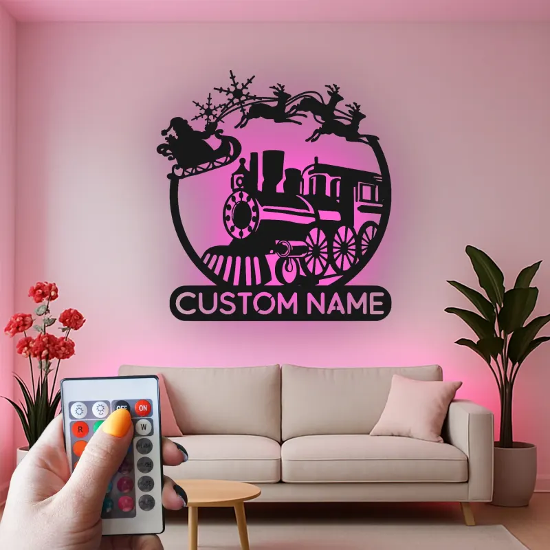 Custom Santa Train Led Light Metal Wall Art Personalized Christmas Gift for Families Holiday Living Room Decor