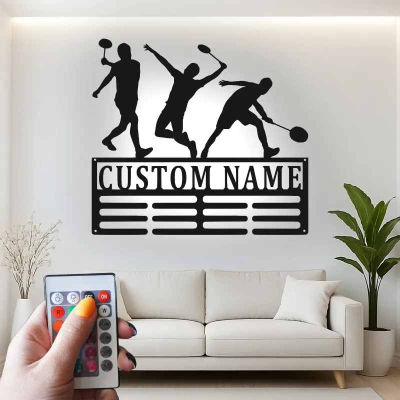 Décoration murale en métal personnalisée avec rétroéclairage LED de joueur de badminton, cadeau pour passionnés de sports, décor de salle de jeux