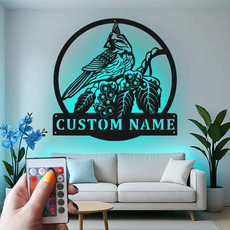Personalisierte LED-Metall-Wandkunst mit Kardinalvogel – Geschenk für Vogelliebhaber, Garten- oder Terrassendeko