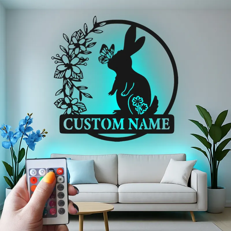 Personalized Rabbit Name Sign | LED Metal Wall Art for Nursery | Bunny & Butterfly Light | Baby Shower Gift