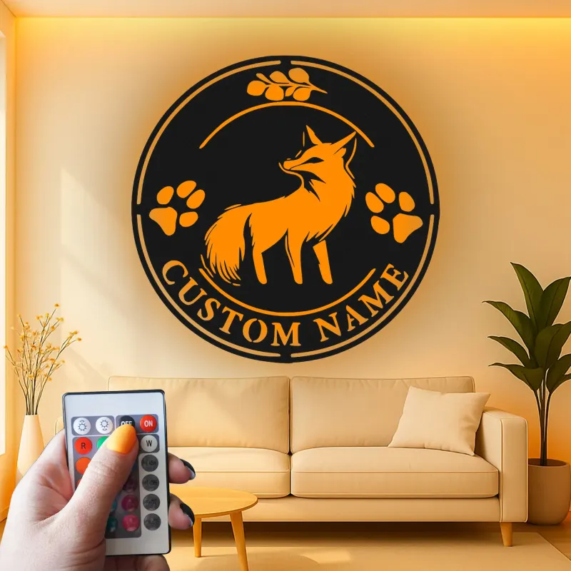 Insegna in metallo LED con volpe su misura | Decorazione murale personalizzata con fauna selvatica | Arredo rustico per casa e baita per amanti della natura