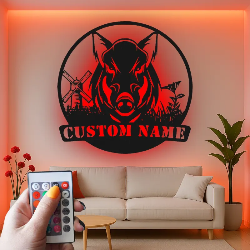 Cartel de metal personalizado con luz LED de jabalí, regalo personalizado para cazadores, decoración rústica de cabaña
