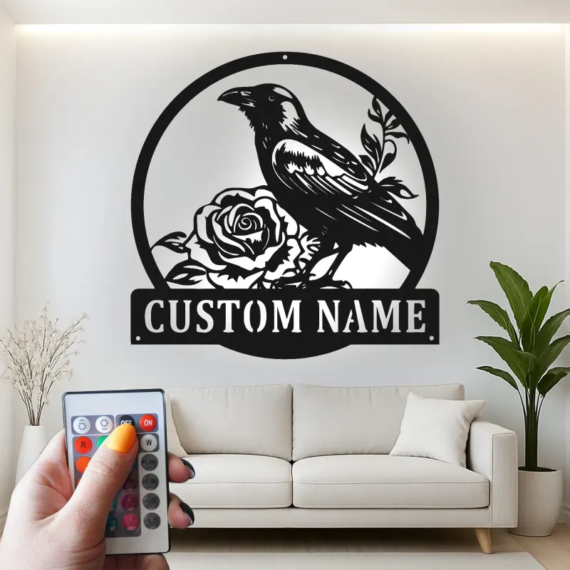 Individuelles Raben-Metallschild | Personalisierte gotische Rosen-Wandkunst | LED-beleuchtete Vintage-Vogel-Dekoration für Zuhause oder Büro