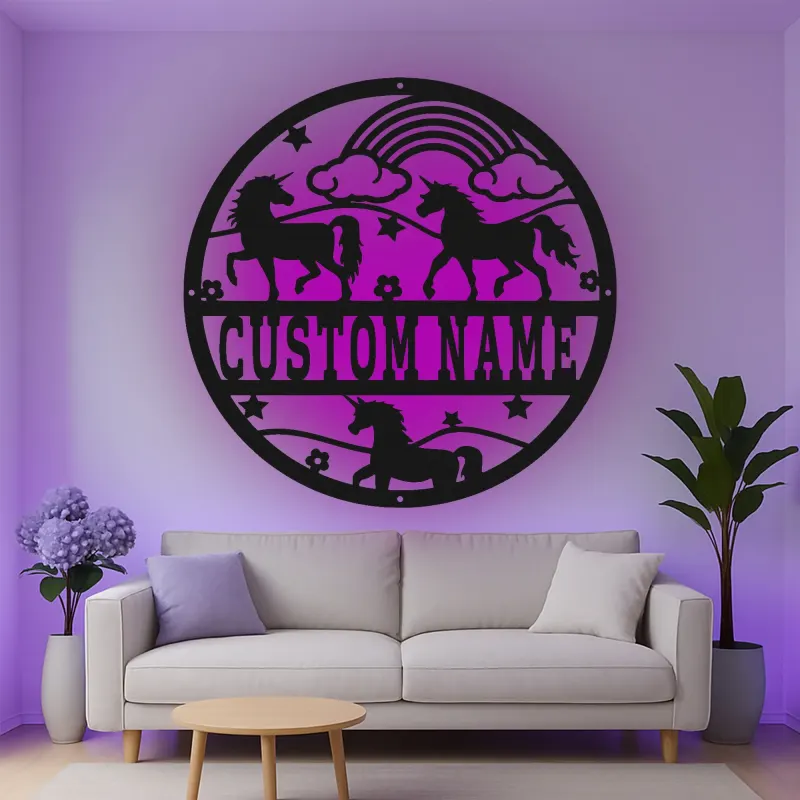 Custom Unicorn and Rainbow Led Light Metal Wall Art Personalized Gift for Kids Nursery Room Decor