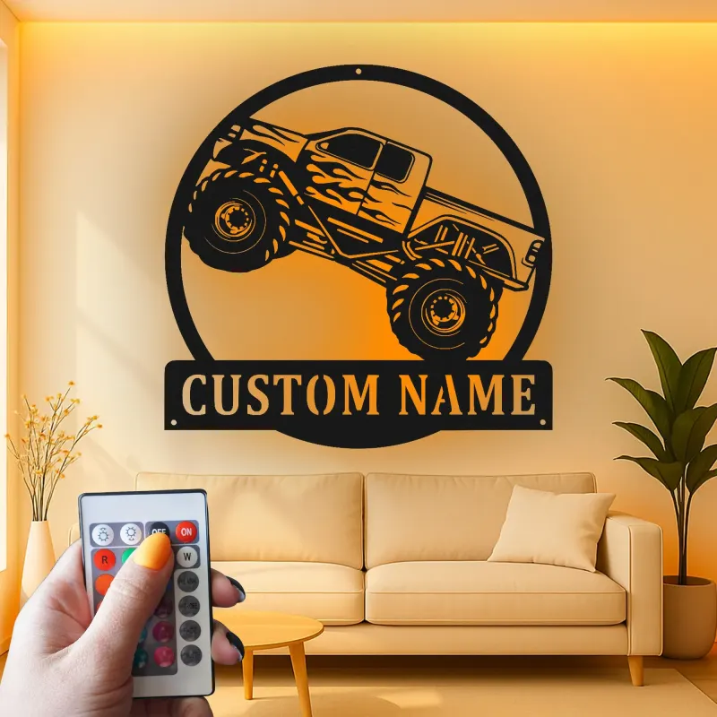 Personalisierte Monstertruck Metall-Schild | LED Licht Wandkunst | Männerzimmer-Dekoration & Geschenk für das Kinderzimmer | Offroad-Fahrzeug-Kunst
