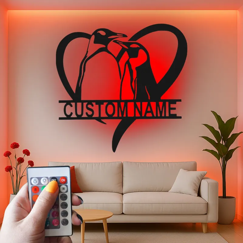 Custom Penguin Couple Led Light Metal Wall Art Romantic Gift for Couples Bedroom or Living Room Decor