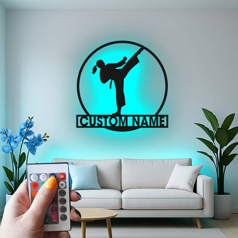 Custom Karate Kick Led Light Metal Wall Art Martial Arts Gift for Karate Enthusiasts Dojo or Gym Decor
