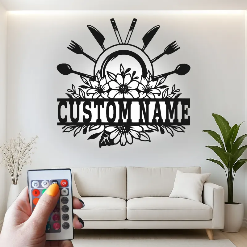 Plaque de cuisine personnalisée | Décoration murale en métal LED avec fleurs | Décor sur mesure avec ustensiles de chef | Cadeau pour maman pour restaurant et maison
