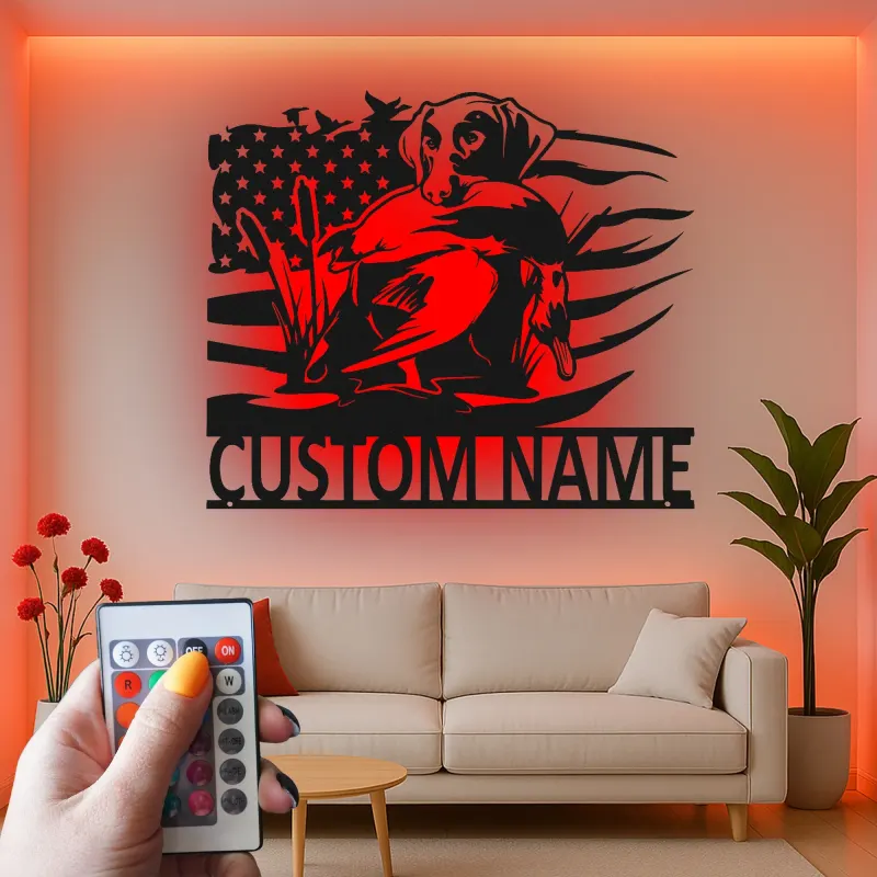 Personalized Labrador Hunting Sign | LED Metal Wall Art for Hunters | Custom Duck Hunting Decor with American Flag | Gift for Cabin