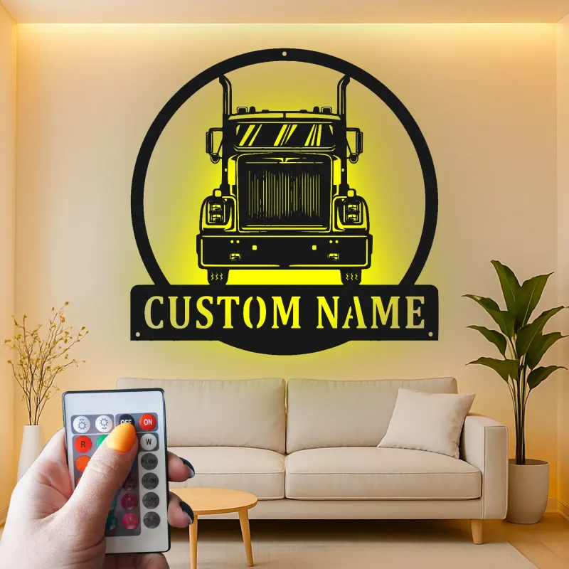 Custom Semi Truck Led Light Metal Wall Art Personalized Gift for Truckers Garage or Man Cave Decor 12