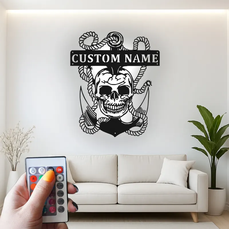 Insegna LED Teschio Pirata con Ancora | Arte Murale in Metallo Personalizzata | Decorazione Nautica per Man Cave e Regalo Personalizzato per Marinai