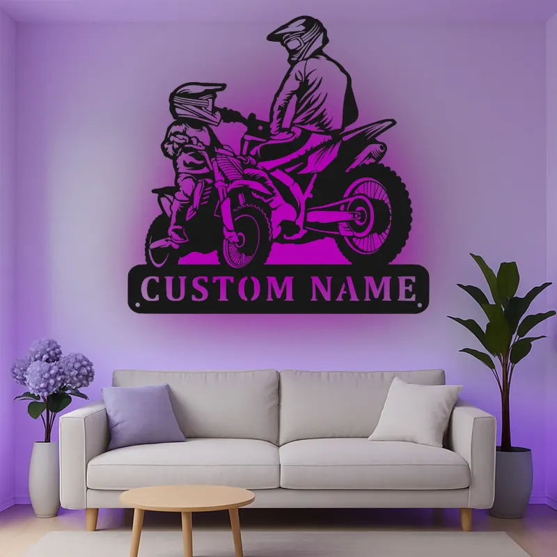 Custom Motocross Riders Led Light Metal Wall Art Personalized Gift for Dirt Bike Enthusiasts Man Cave Decor