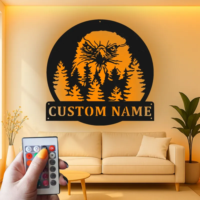 Cartel de metal LED personalizado de águila en el bosque, regalo para amantes de la naturaleza, decoración rústica de cabaña