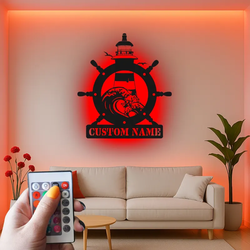 Cartel de metal de faro personalizado | Arte náutico LED personalizado | Decoración para casa de playa y salón