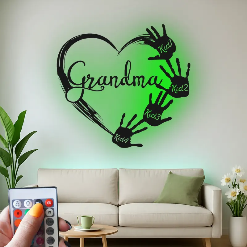 Cadeau LED personnalisé pour grand-mère | Décoration murale en métal sur mesure avec empreintes de mains des petits-enfants | Déco souvenir familiale