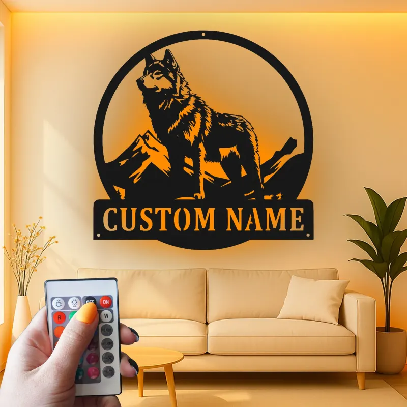 Personalisierte Wolf Berg LED Licht Metall-Wandkunst Geschenk für Naturliebhaber Rustikale Kabinendekoration