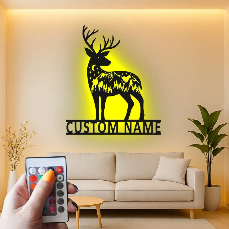 Insegna in metallo personalizzata con silhouette di cervo e luce LED regalo per amanti della natura decorazione per chalet o lodge