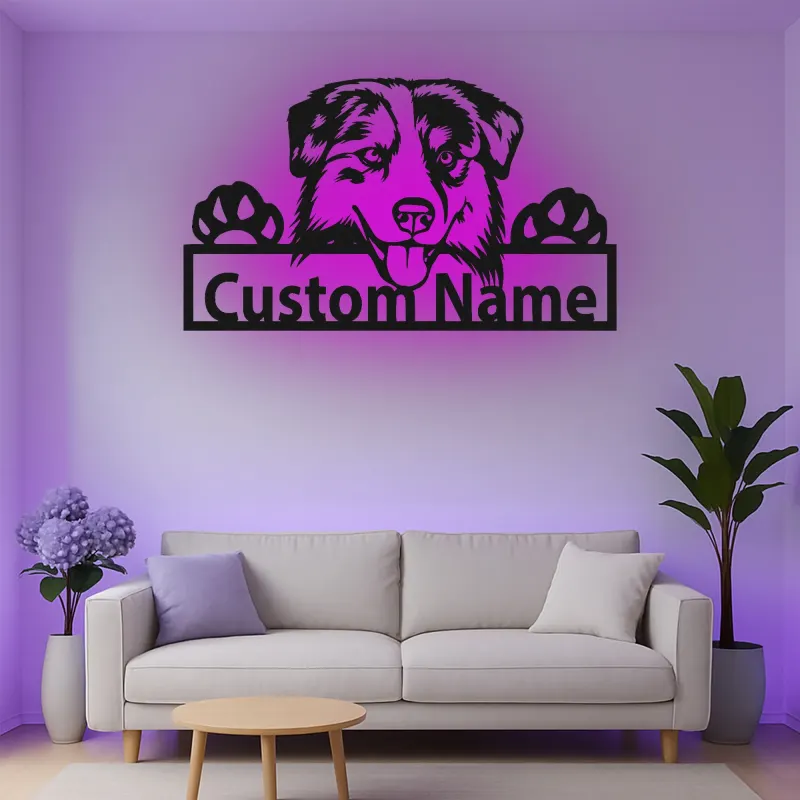 Décoration murale en métal personnalisée Berger Australien avec Rétroéclairage - Cadeau pour Amoureux des Chiens