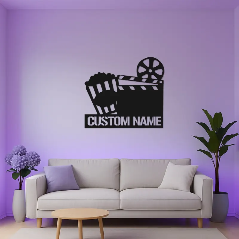 Insegna per Home Theater personalizzata | Decorazione LED per cinema | Arte in metallo con clapperboard personalizzata | Regalo per cinefili