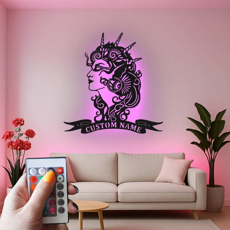 Decoración mural LED de metal de diosa | Decoración mística personalizada para dormitorio | Cartel con nombre a medida para ella