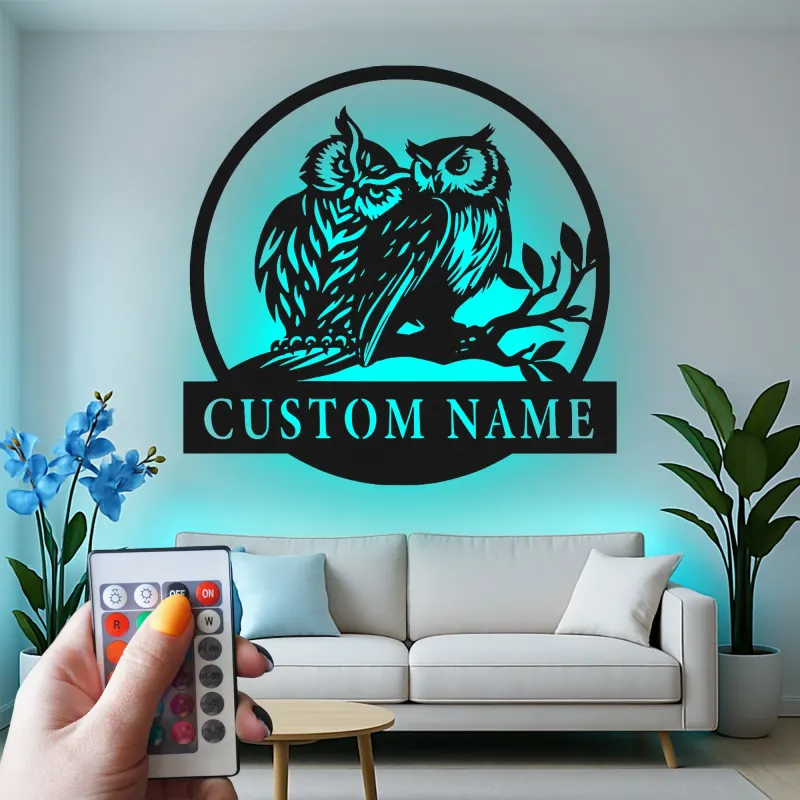 Insegna LED Personalizzata con Gufo | Arte in Metallo del Gufo Cornuto | Regalo per Amanti della Natura per Cabin o Decorazione per Casa
