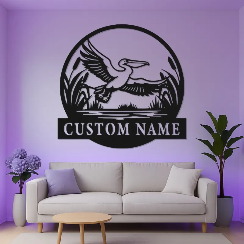 Panneau LED de pélican personnalisé | Art mural en métal pour maison de plage et décoration côtière | Plaque nominative personnalisée