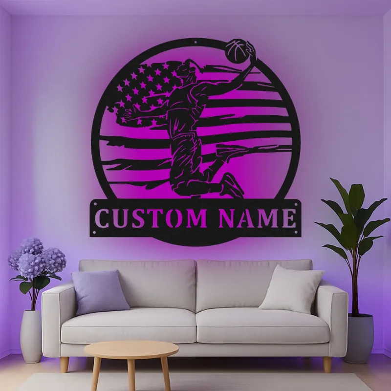 Décoration murale en métal personnalisée pour joueur de basketball avec rétroéclairage LED - Cadeau pour fans de sport