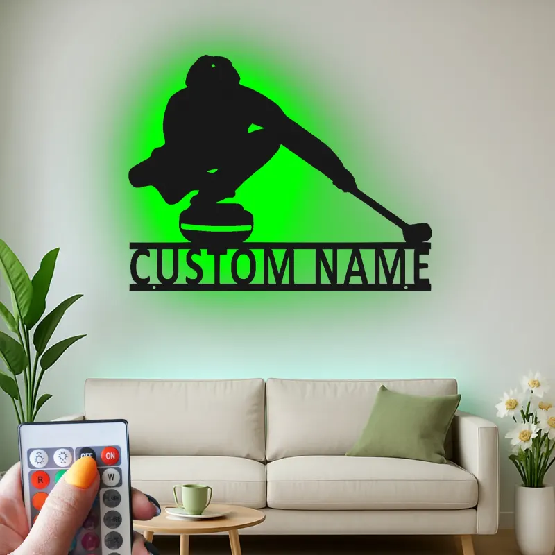 Décoration murale en métal personnalisée joueur de curling avec rétroéclairage LED Cadeau sportif pour les passionnés de curling Décor de salle de jeux 1