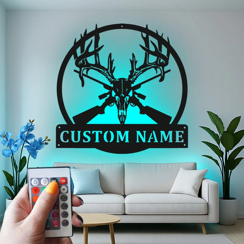 Panneau LED en métal personnalisé tête de cerf | Décor de chalet avec fusils croisés | Décoration murale de chasse sur mesure | Cadeau pour homme