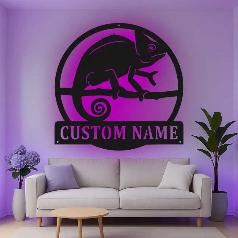 Cartel de metal LED personalizado de camaleón, regalo único para amantes de los reptiles, decoración de dormitorio o salón 1