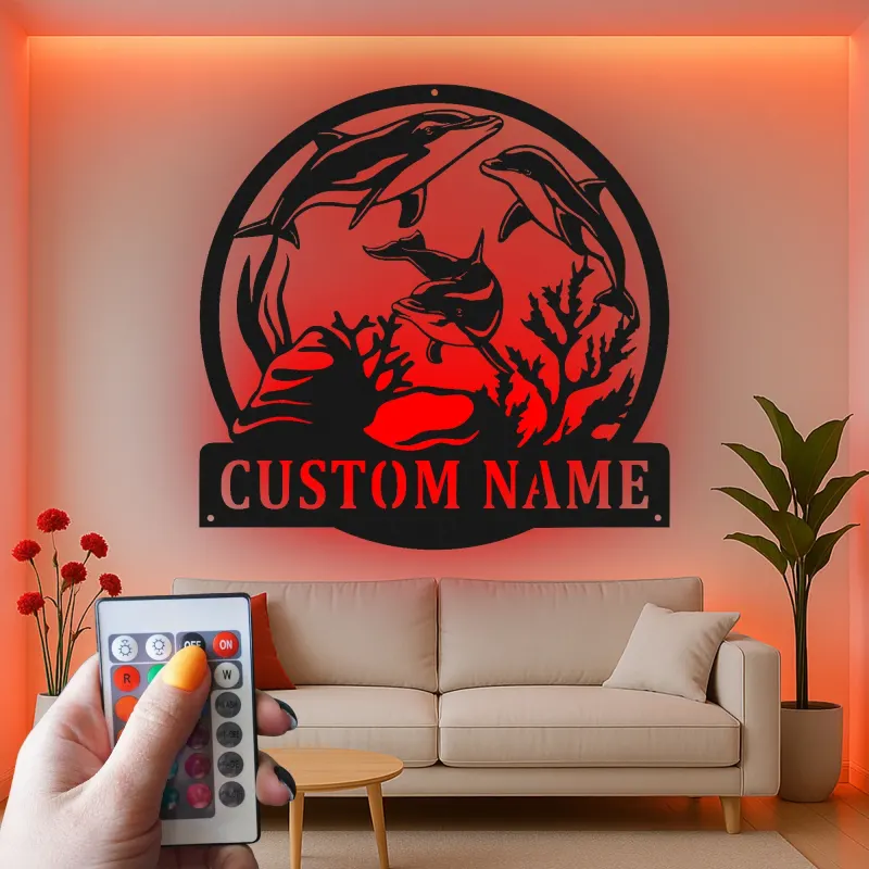 Custom Dolphin Led Light Metal Wall Art Personalized Ocean Lover Gift Nautical Decor for Beach House
