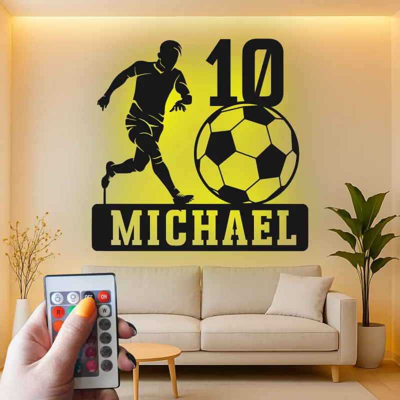 Personalized Soccer Player Light | Custom Metal Wall Art | LED Name Sign for Kids Room | Teen Athlete Gift