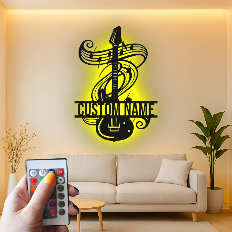 Personalized Guitar LED Sign | Custom Metal Wall Art for Music Studio | Musician Name Plaque with Music Notes