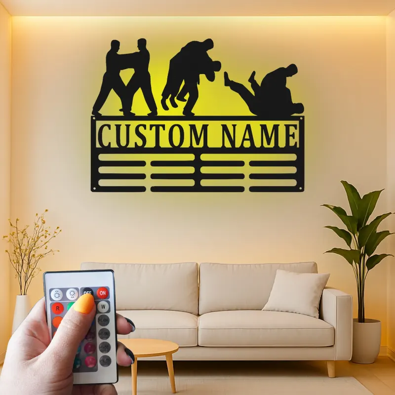 Cartel de metal personalizado de BJJ | Colgador de medallas de artes marciales con LED | Decoración personalizada para gimnasio de jiu-jitsu | Regalo para grappling