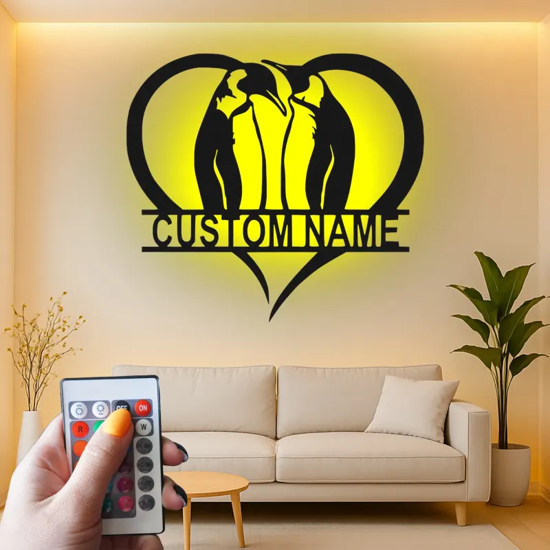 Cartel de metal LED personalizado de pareja de pingüinos regalo de boda decoración de dormitorio para parejas