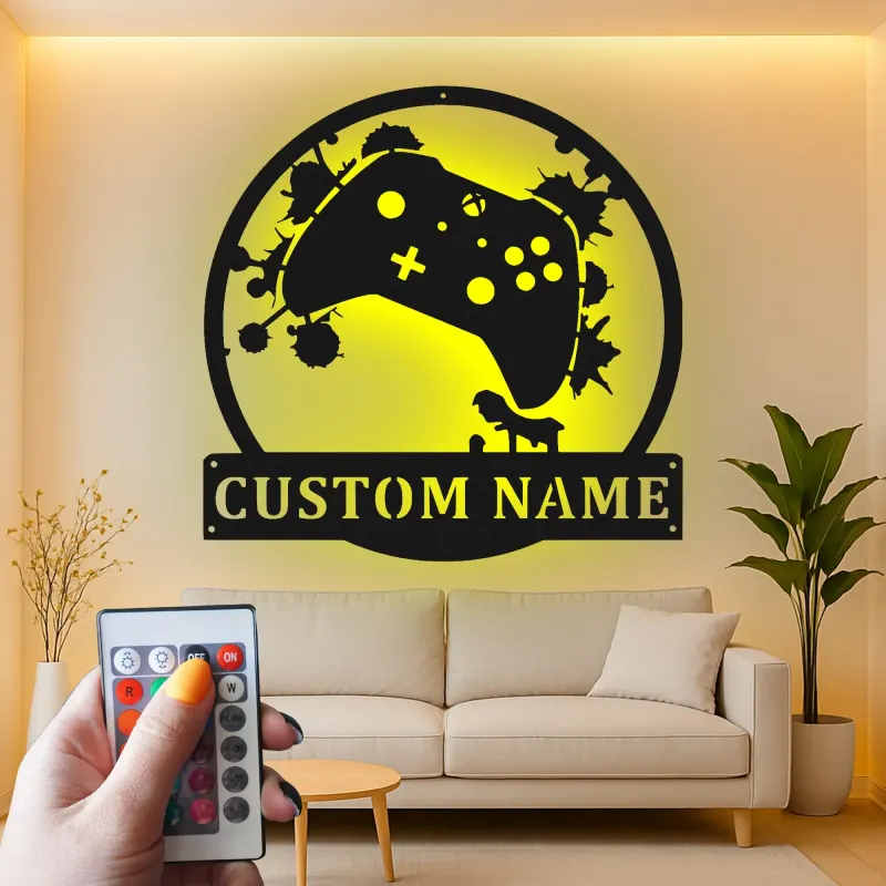 Insegna gamer personalizzata | Insegna LED in metallo personalizzata | Decorazione per sala giochi per ragazzi e uomini | Targa luminosa con controller e nome