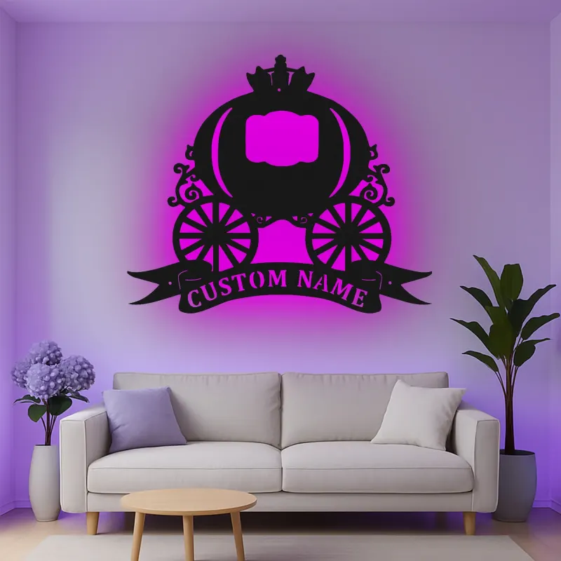 Cartel de metal LED de carroza de Cenicienta personalizado, regalo para niños, decoración de guardería de cuento de hadas