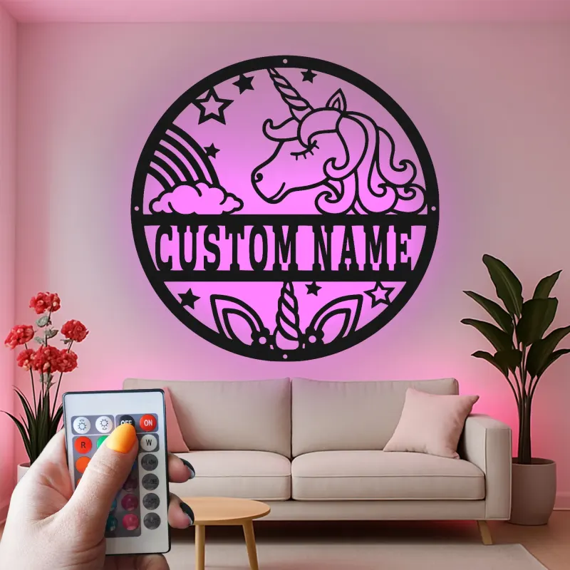 Décoration murale en métal personnalisée Licorne avec rétroéclairage LED Cadeau personnalisé pour enfants Décor de chambre magique