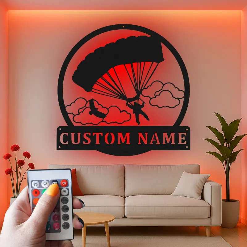 Personalisierte Skydiving LED-Leuchte | Individuelles Metallschild | Beleuchtete Fallschirmspringer-Silhouette | Geschenk für Abenteuerliebhaber