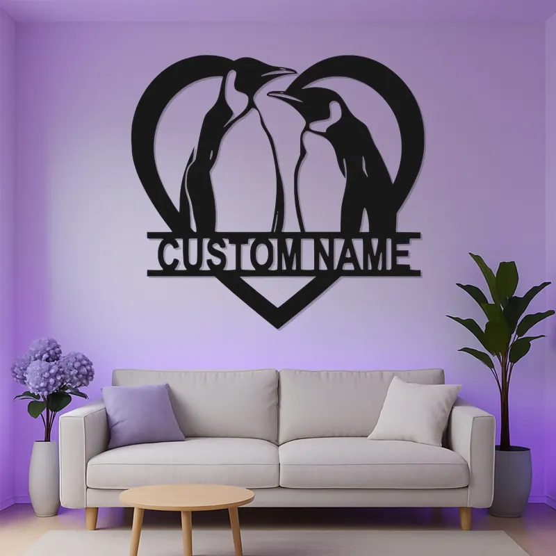 Insegna a Cuore con Pinguino Personalizzata | Arte Murale in Metallo LED per Coppie | Regalo di Anniversario Personalizzato per Decorazione Casa