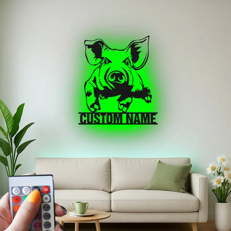 Cartel de cerdo personalizado | Arte mural de metal LED | Decoración de granja moderna | Regalo para amantes de cerdos para guardería y cocina