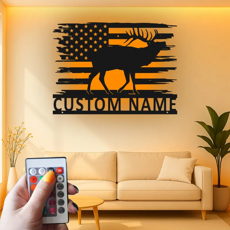 Décoration murale en métal LED élan drapeau américain personnalisée Cadeau pour chasseurs Décor de chalet rustique